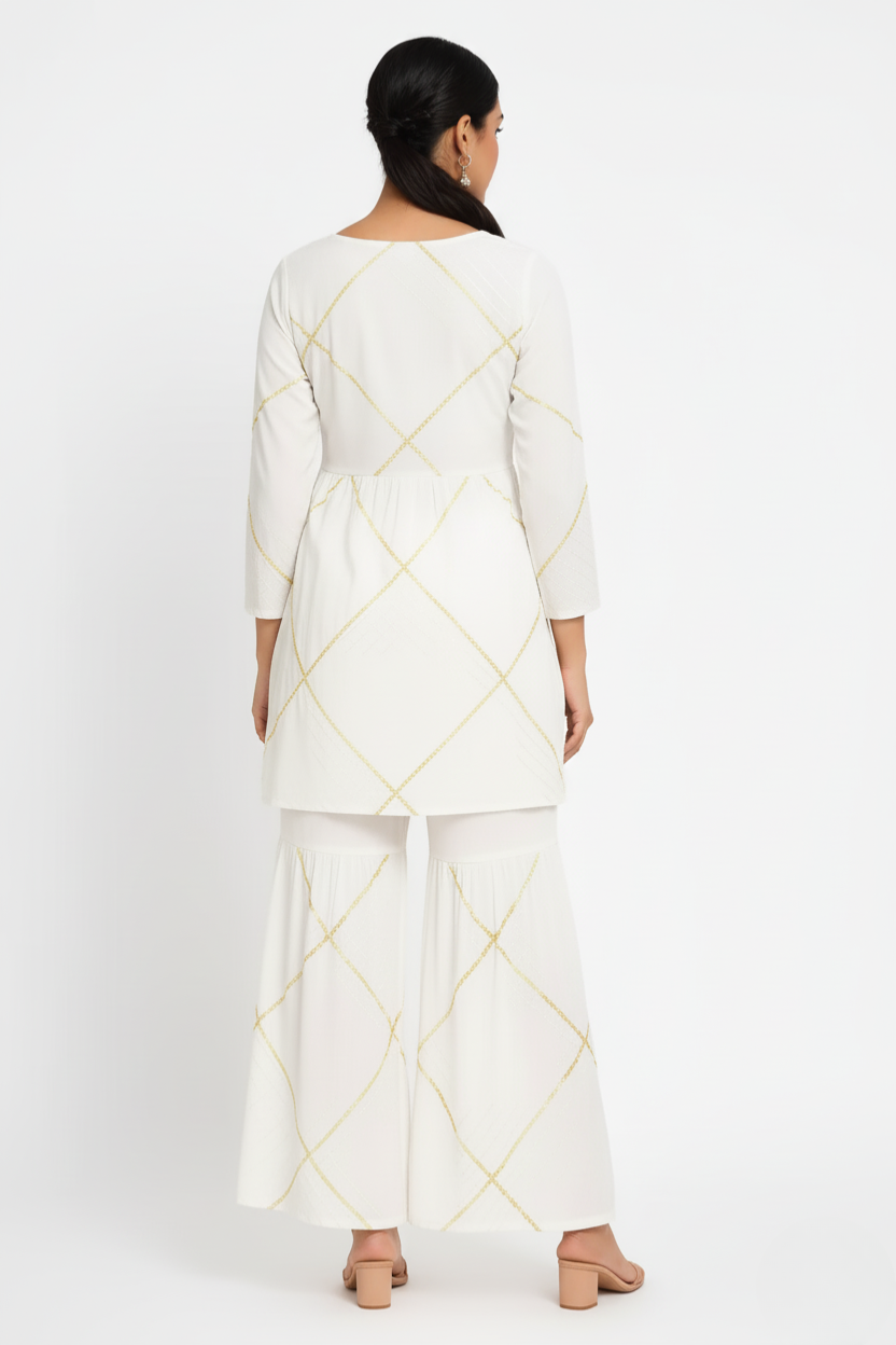 White Rayon Top & Palazzo Set with Golden Gotta Work